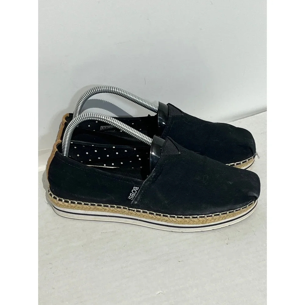 Skechers BOBS Black Canvas Espadrille Slip On Flats Memory Foam Womens 8M